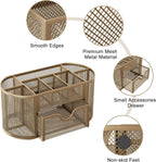 EasyPAG Mesh Pen Holder Desk Organizer with Drawer Stationery Supplies Organizer for Dorm School 9 Compartments Workspace Desk Accessories Organization for Office, Gold