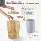 BLUEWEST 3 Gallons Wicker Trash Can with Lid and Removable Liner, Wicker Rattan Bathroom Trash Can, Large Woven Bin for Office, Hyacinth Waste Basket for Home Kitchen (Natural)