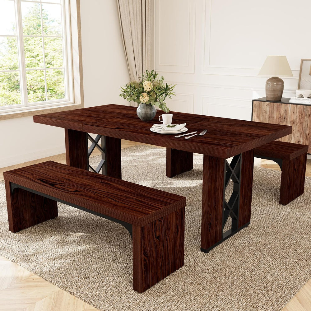 HIPIHOM 3-Piece Dining Table Set for 6 People, Walnut Table with 2 Benches | ...