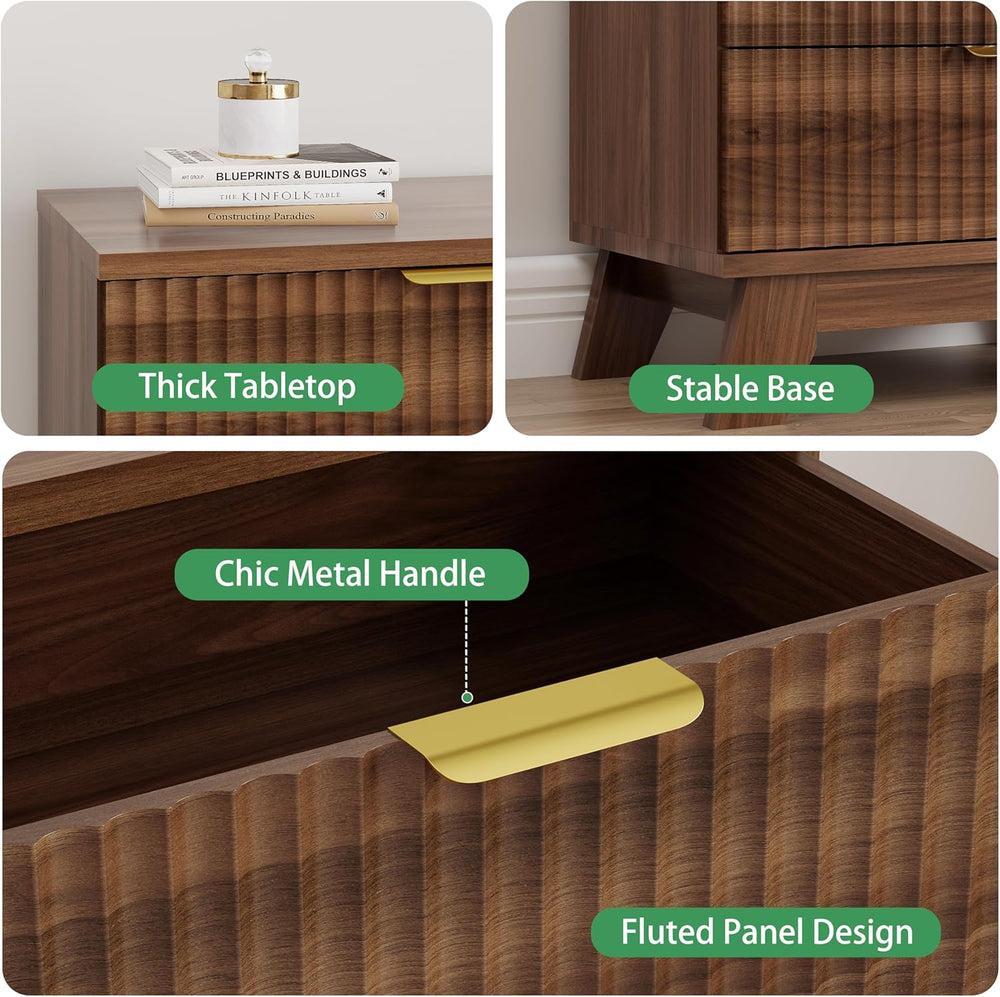 Xixini Fluted Nightstand, 24" Wide Side Table with 3 Large Storage Drawe...