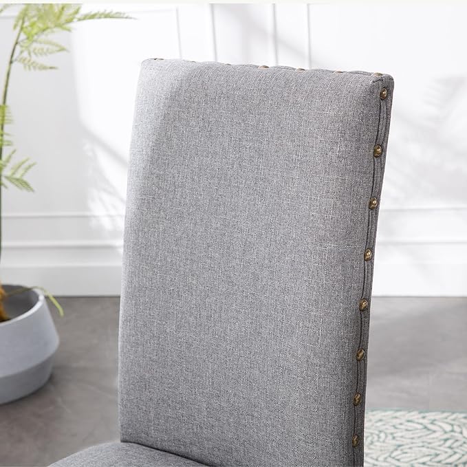 Upholstered Dining Chair Modern Stylish Parsons Kitchen Diner High Back with Bronze Nailhead Trim & Wood Legs, Set of 2, Grey