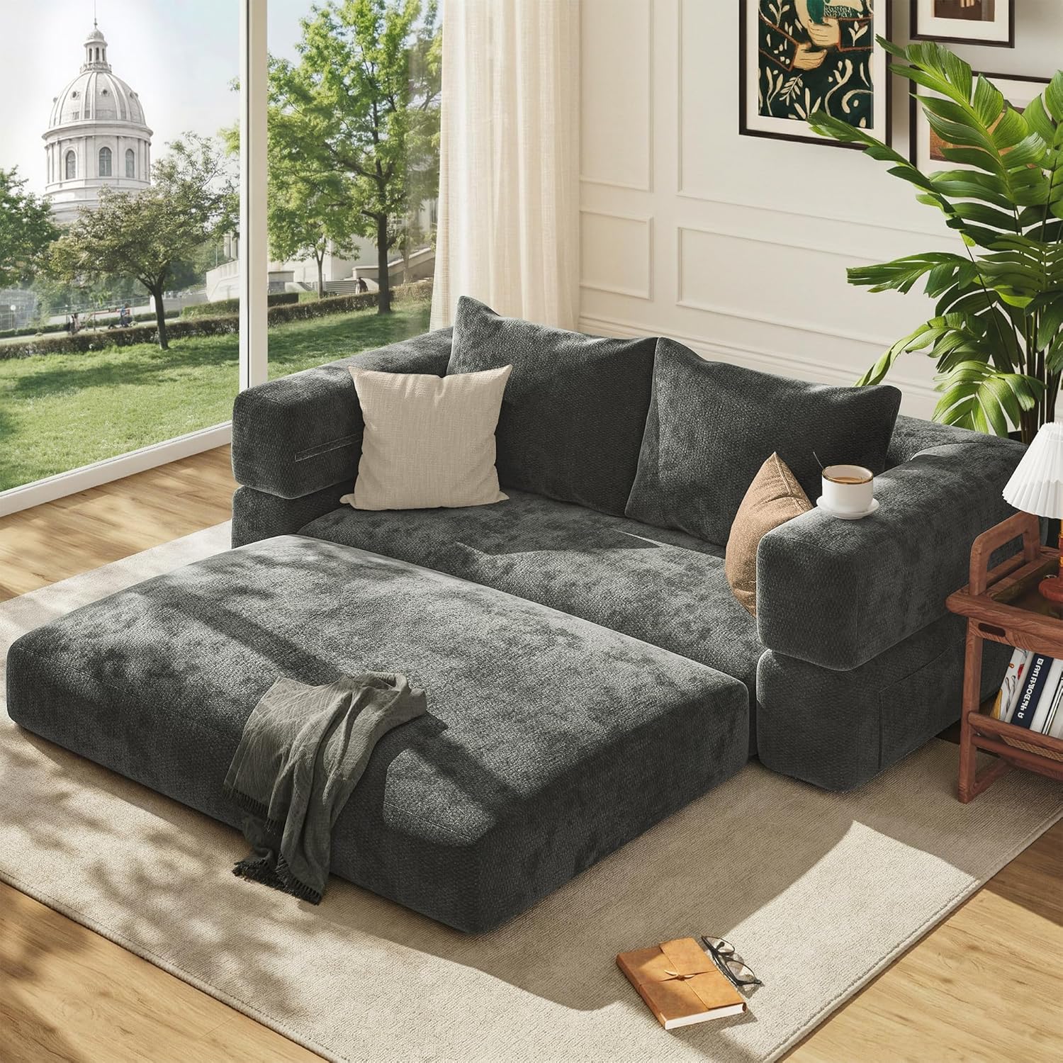 75'' convertible Sofa Couch Bed Queen, Foldable Boneless Couch Sleeper Sofa | 4-in-1 Pull Out Futon Mattress Floor Couch with Large Pillow , No Assembly for Living Room/Bedroom, Chenille, Dark Gray
