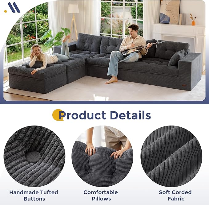 MAXYOYO 132" U Shaped Modular Sectional Sofa with 2 Ottomans, Cloud Boneless Couch with Layered Cushion, Flexible Module Combination Sofa for Living Room, No Assembly Required, Dark Grey