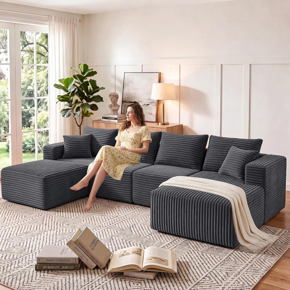 118 Inch U-Shaped Sectional Couch, Grey (Right Facing Chaise) | Corduroy Modu...