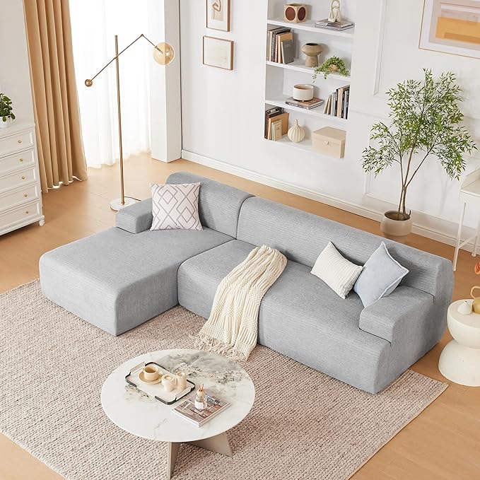 107" Modular Sectional Cloud Couch, Boneless couches Sponge sectionals for Living Room, High Density Sponges Sofa, Modular L-Shape with Chaise, Lightgrey
