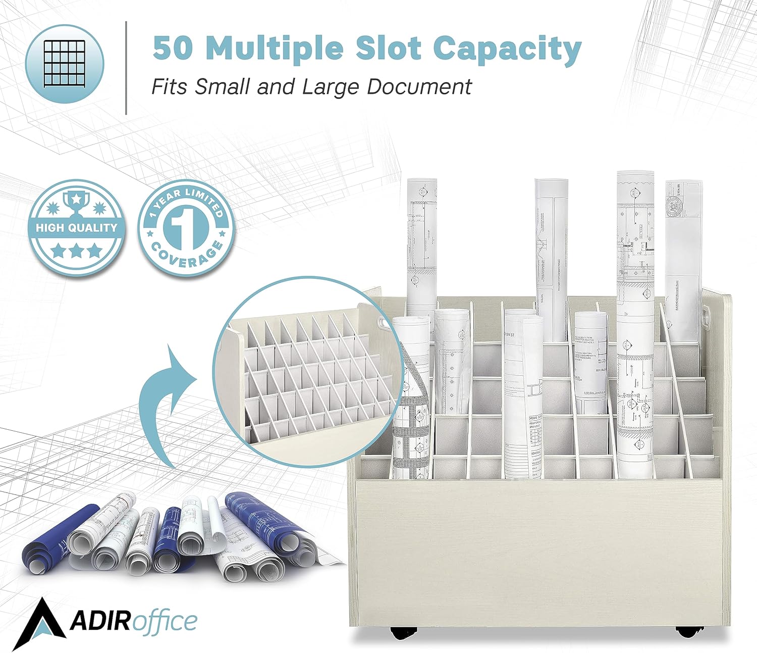 AdirOffice Adir Blue Print Storage Organizer - Mobile Roll File Cart, Construction Plan Holders, Blueprint Cabinet with Wheels, Roll Files Storage for Office and Home (50 Slots, White)