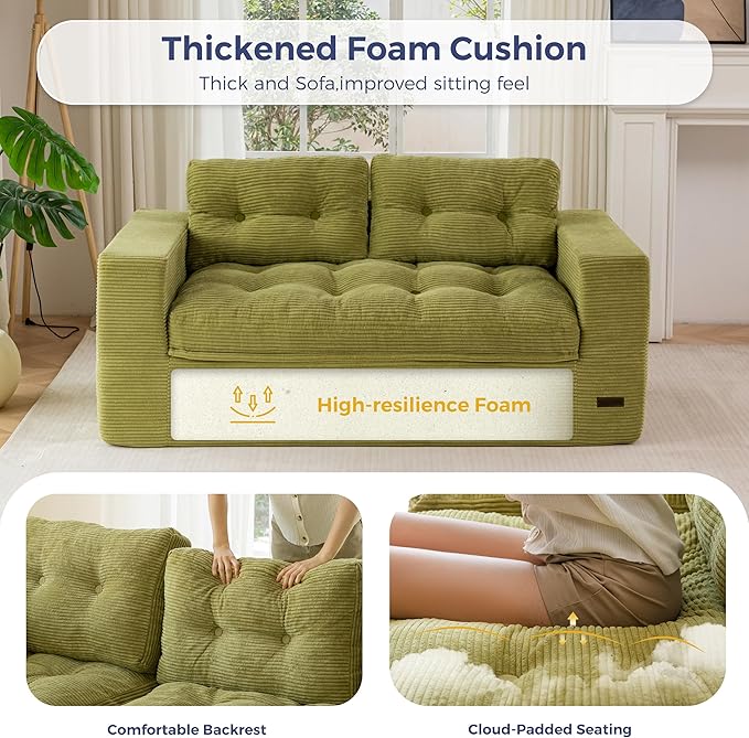 MAXYOYO 63" Loveseat Sofa Couch for Small Spaces, Upholstered Boneless Cloud Couch for Apartment Bedroom, 2-Seater Love Seat Floor Modern Sofa with Pillows, No Assembly Required, Green