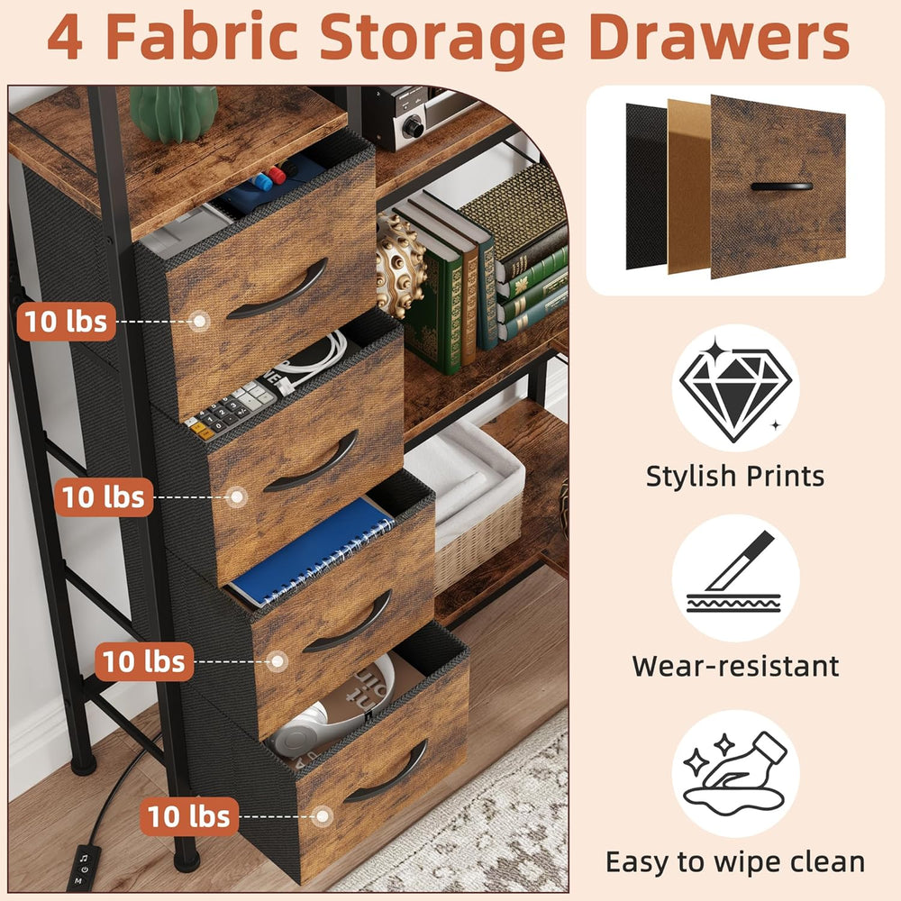 AFLUI 5-Tier Corner Bookshelf with LED Light Strips, 4 Fabric Drawers