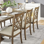 KEIKI Retro 7-Piece Wooden Dining Table Set for 6 Person, Vintage Table Set with Extendable Rectangular MDF Wood Grain Table and 6 Upholstered Chair, Easy Assembly, for Kitchen, Dining Room, White Oak