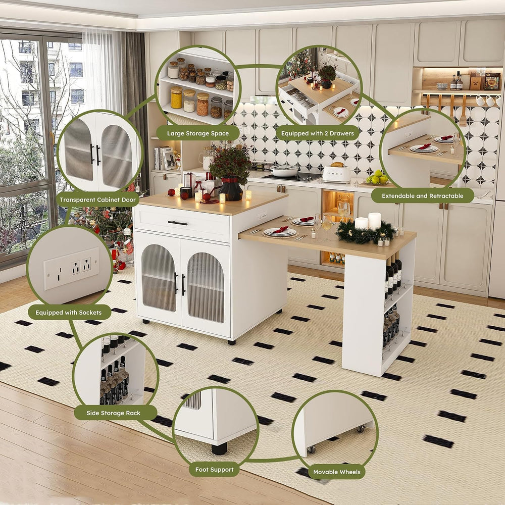 80" Kitchen Island with Extendable Dining Table, Marble-Grain Countertop...