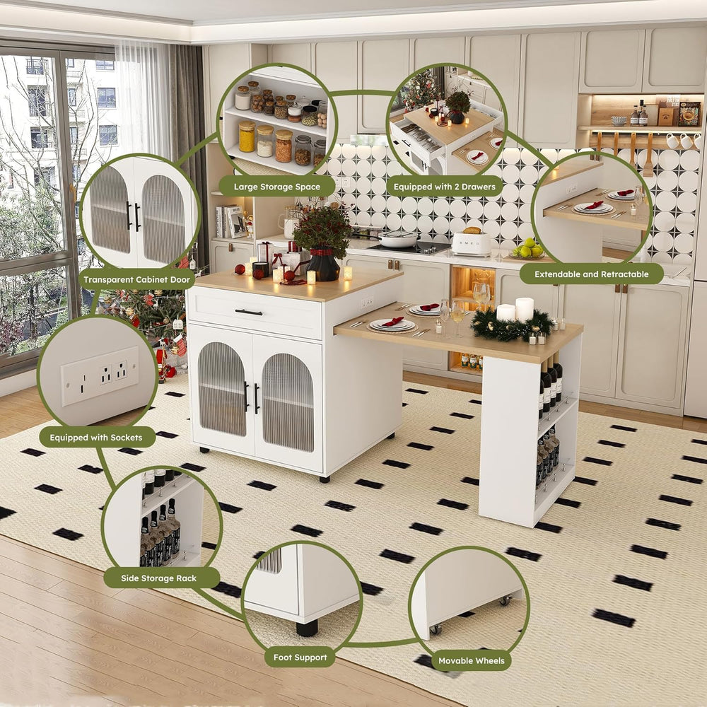 80" Kitchen Island with Extendable Dining Table, Marble-Grain Countertop...