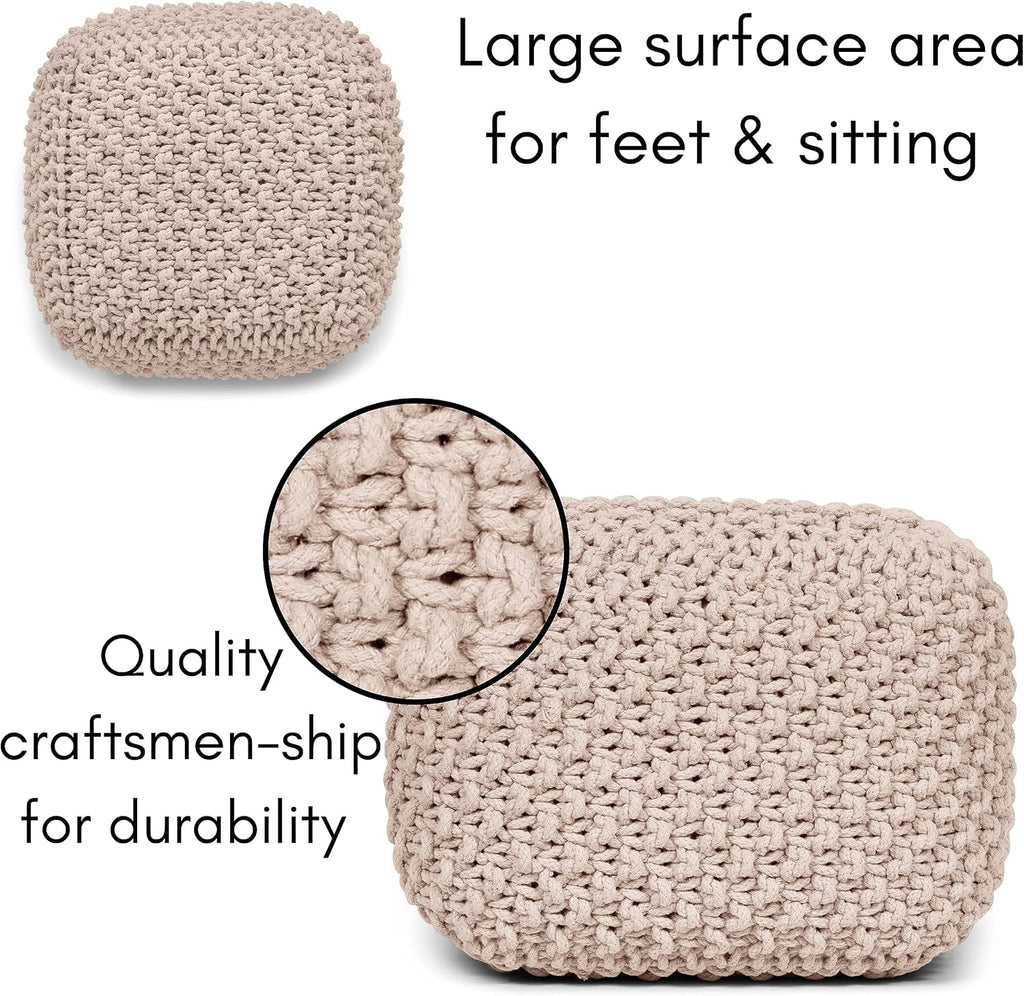 BIRDROCK HOME Square Pouf Ottoman - Cotton Braided Foot Stool with Bean Bag Filling - Compact and Comfortable Seating, Lightweight and Sturdy Boho Foot Rest for Living Room or Bedroom (Natural)