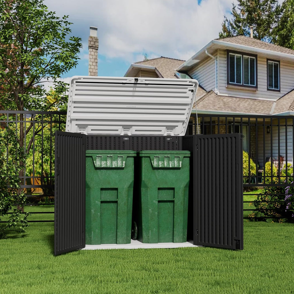 HOMSPARK Storage Shed Weather Resistance, Multi-Purpose Outdoor Storage Cabinet for Backyards and Patios, Horizontal Storage Shed for Lawnmower, Patio Accessories (Black & White, Large - 48 cu.ft)