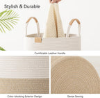 62L Striped Laundry Hamper with Leather Handles,Large Foldable Laundry Basket for Clothes,Cotton Rope Storage Bin for Blankets,Woven Clothes Basket for Bedroom, Beige Stripes