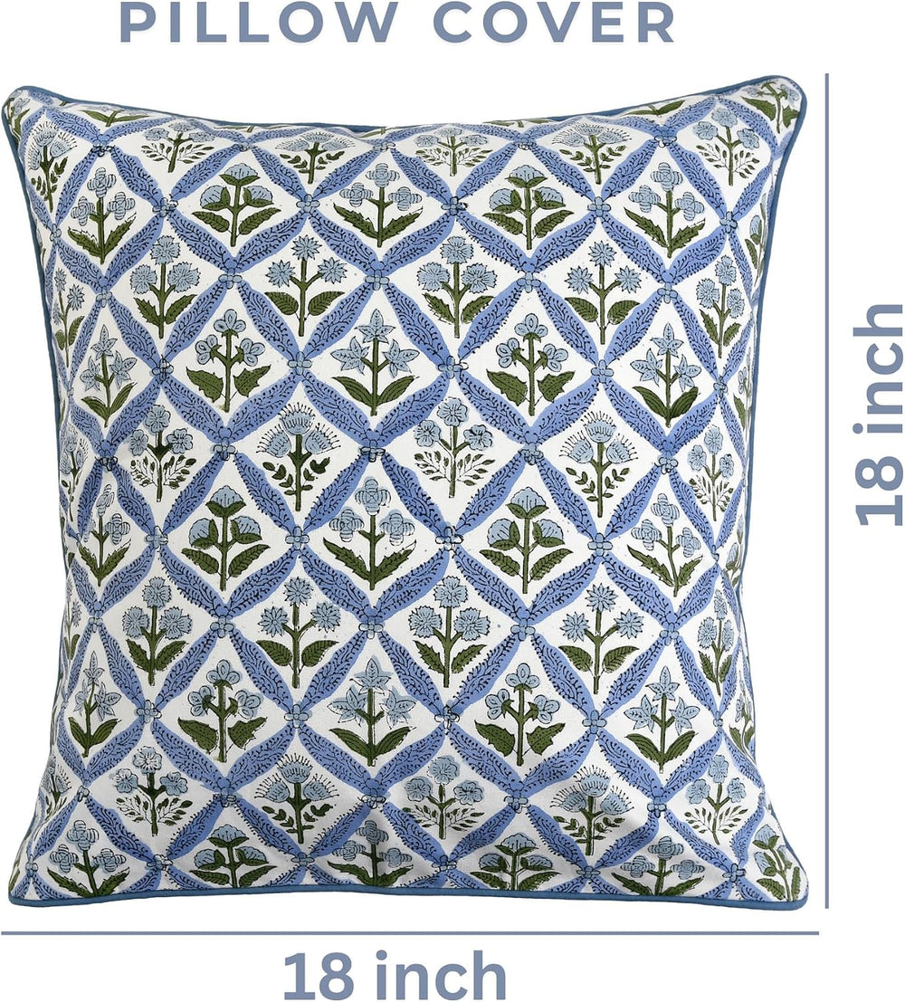 Ridhi Light Steel Blue Block Print Cotton Pillow Cover 18x18 Inch Set of 2