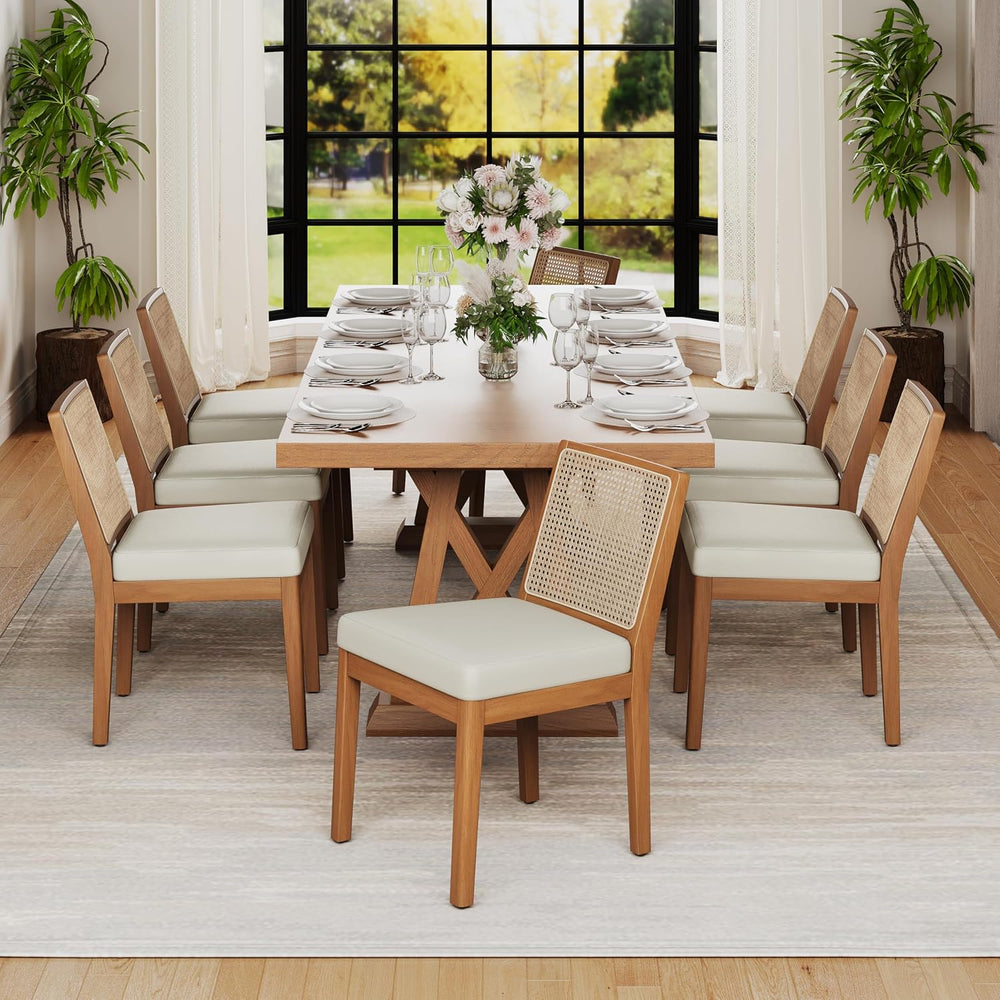Andeworld Farmhouse Natural Rattan Dining Chairs Set of 6, Upholstered Mid Ce...
