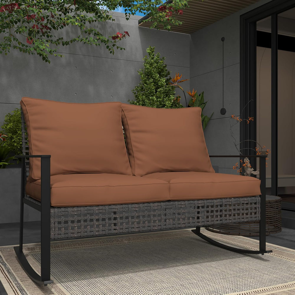 Ainfox Outdoor Wicker Loveseat Rocking Chair, Patio Rattan Rocker Chair with ...
