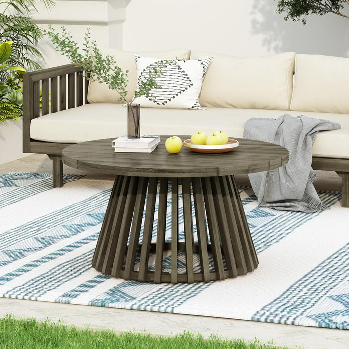 Christopher Knight Home Hakee Acacia Wood Patio Coffee Table, Round Table with Unique Wooden Base for Backyard, Balcony, Stylish Indoor/Outdoor Table, Easy Assembly, 31.5"x 31.5"x 16", Grey
