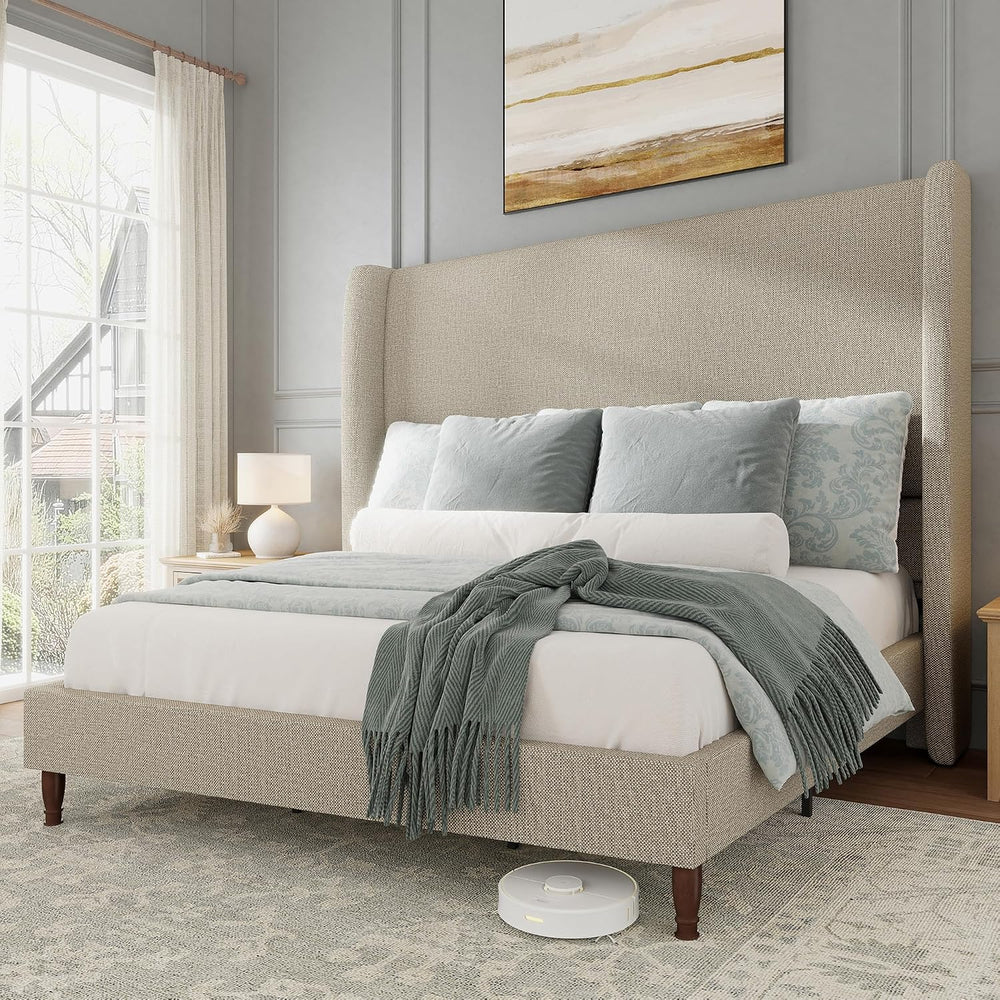 Jocisland Queen Bed Frame Linen Upholstered Wingback Headboard, Brown