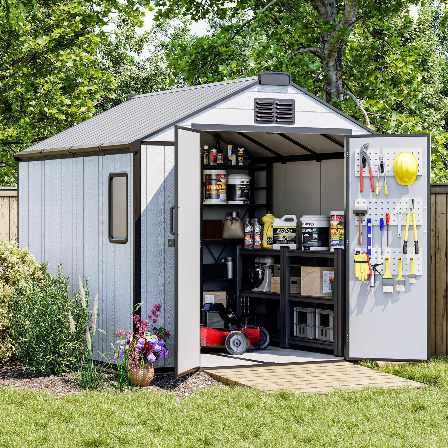 8 x 8 FT Plastic Storage Shed, All-Weather Resin Tool Shed with Windows, Lockable Doors & Floor, Outdoor Garden Shed for Poolside, Backyard, Patio