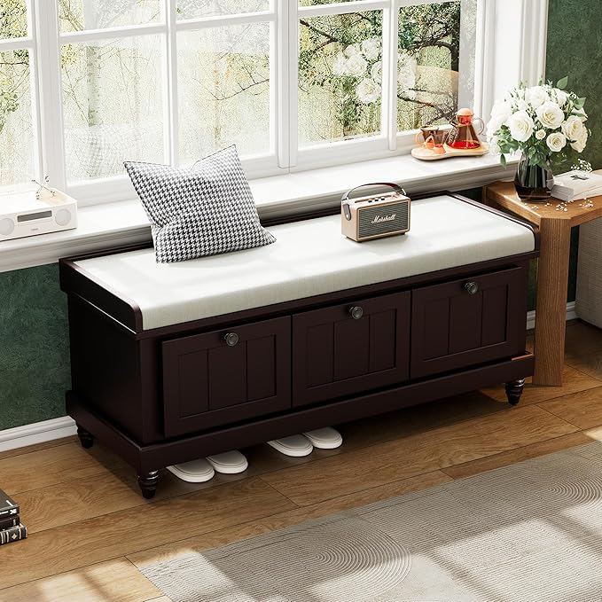 Merax Classic Storage Bench with Cushioned Seat and Three Drawers for Entryway & Living Room & Bedroom, Espresso