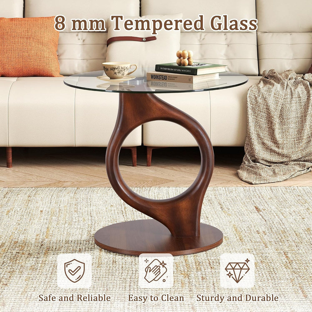 27.5” Large Glass End Table, Round Side Tables with Tempered Glass Tabletop, ...