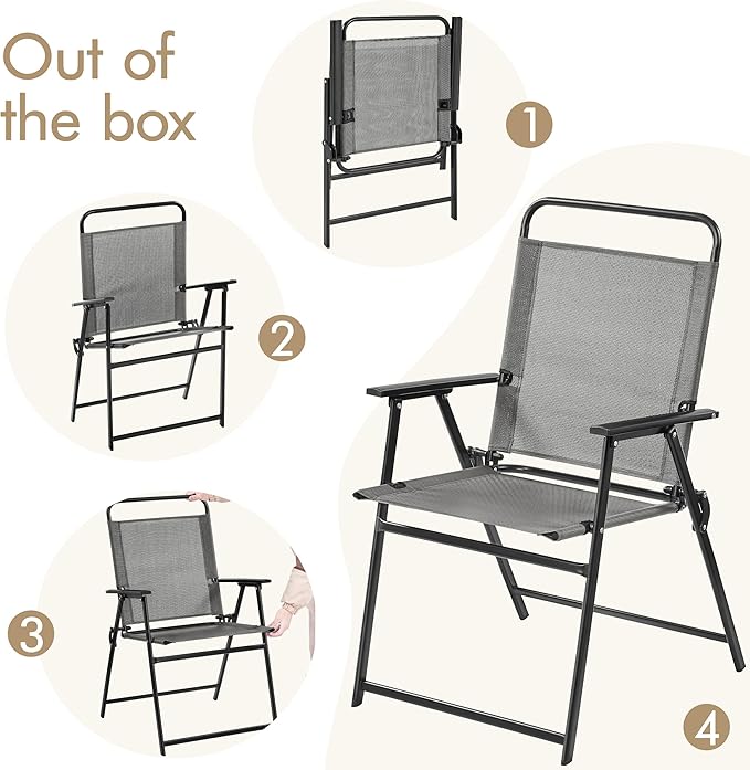 Yaheetech Outdoor Patio Chairs Set of 4, Folding Patio Chairs with Metal Frame, Armrests, Portable Dining Chairs for Camping, Lawn, Garden and Porch, Gray