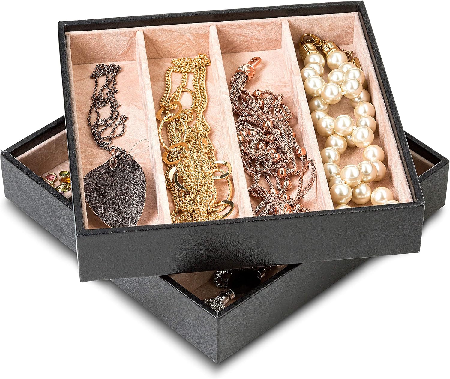 Glenor Co Jewelry Organizer Tray - Set of 2 - Stackable 8 Slots Jewelry Storage Trays - Display on Dresser or Drawer - for Necklace & Bracelet - Compatible with Other Trays - Black