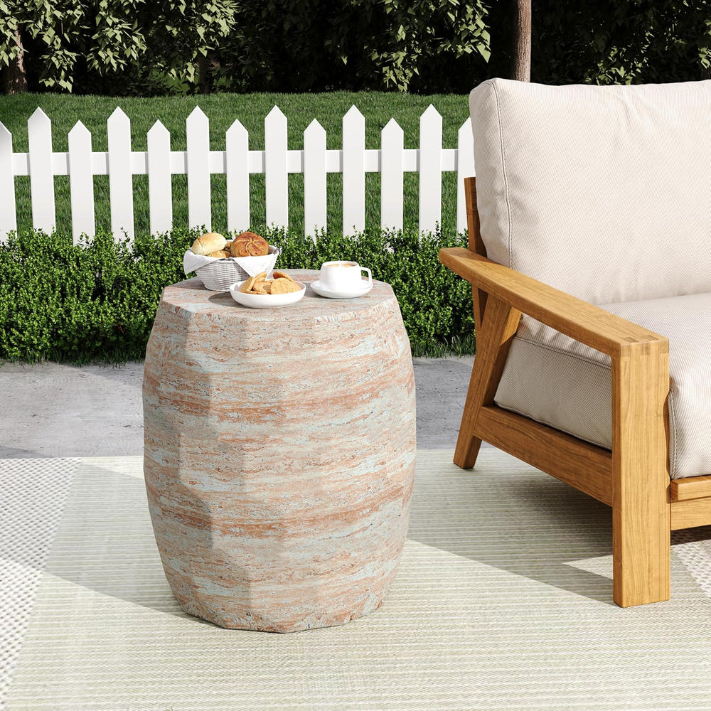 Lightweight Concrete Side Table with Travertine Finish - 15.25" Indoor O...