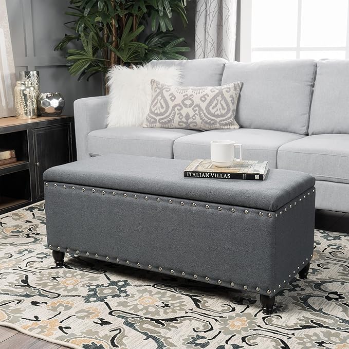 Storage Ottoman Bench,End of Bed Stool w/Safety Hinge & Nailhead Accents,Bedroom Upholstered Footrest,for Entryway,Living Room, Bed Room, Charcoal,42inch