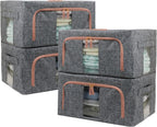 Linen Clothes Storage Bins, 4PCS Sturdy Closet Organizers and Storage Bin with Metal Frame, 2 Opening Ways Fabric Visible Lidded Storage Box for Organizing Clothing,Jeans,Sheets (4PC Gray, 22Liters)