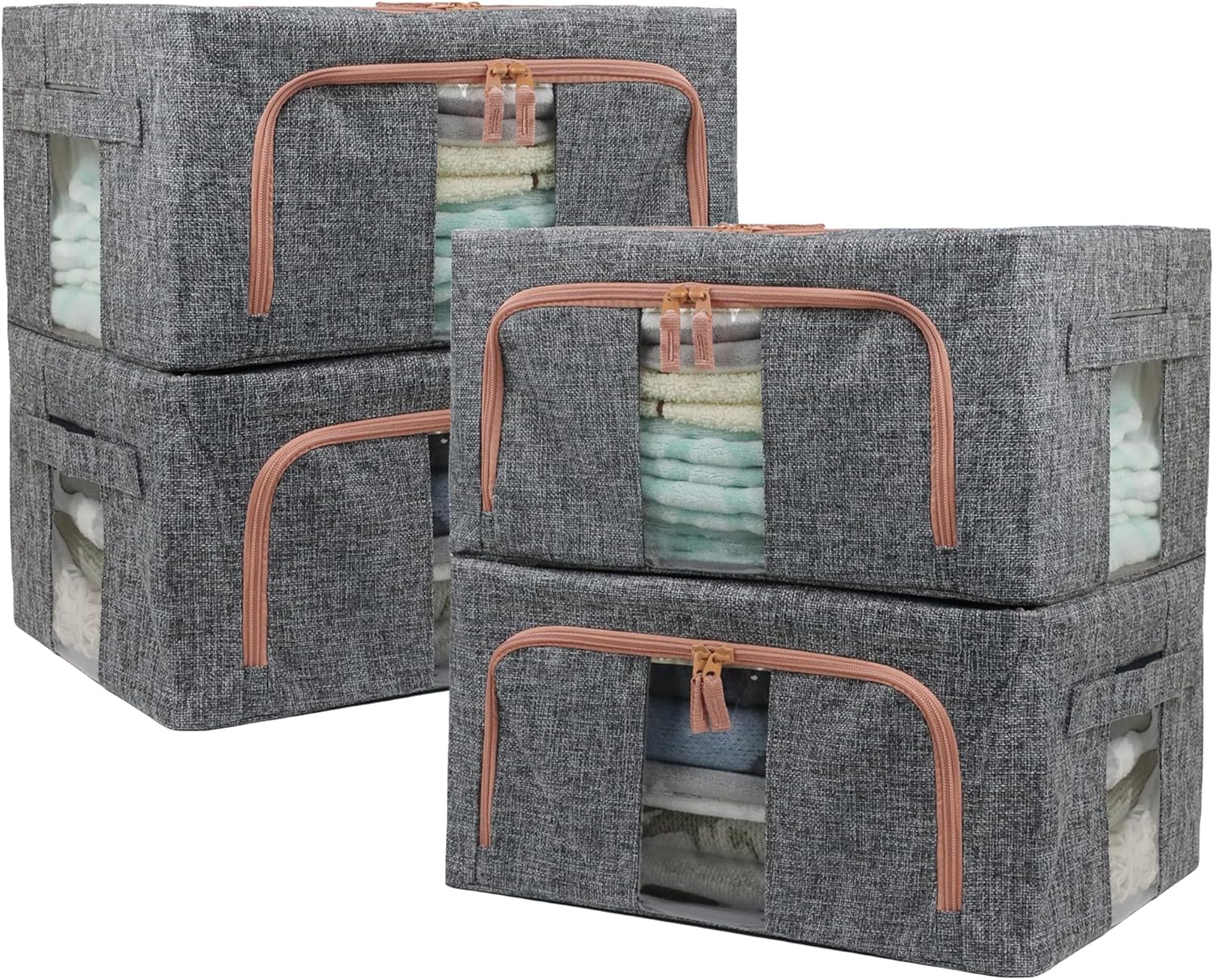 Linen Clothes Storage Bins, 4PCS Sturdy Closet Organizers and Storage Bin with Metal Frame, 2 Opening Ways Fabric Visible Lidded Storage Box for Organizing Clothing,Jeans,Sheets (4PC Gray, 22Liters)