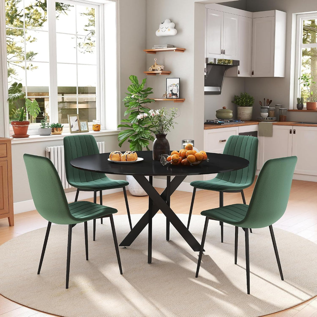 RGZ 47" Round Dining Table Set for 4, 5 PCS Modern Wooden Black Circle Kitchen Table with Steel Legs & 4 Green Velvet Upholstered Chairs for Dining Room, Living Room, Kitchen