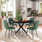 RGZ 47" Round Dining Table Set for 4, 5 PCS Modern Wooden Black Circle Kitchen Table with Steel Legs & 4 Green Velvet Upholstered Chairs for Dining Room, Living Room, Kitchen
