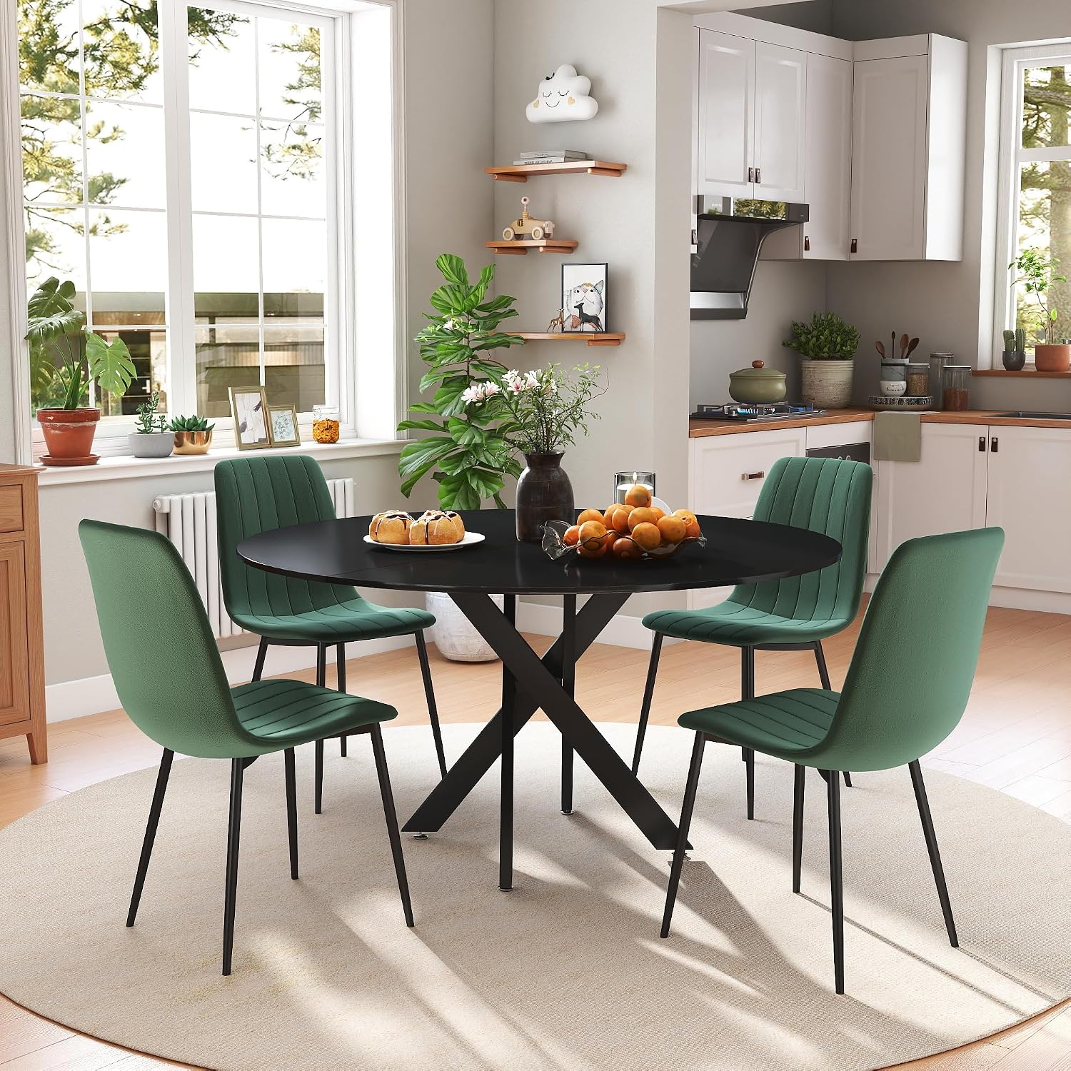RGZ 47" Round Dining Table Set for 4, 5 PCS Modern Wooden Black Circle Kitchen Table with Steel Legs & 4 Green Velvet Upholstered Chairs for Dining Room, Living Room, Kitchen