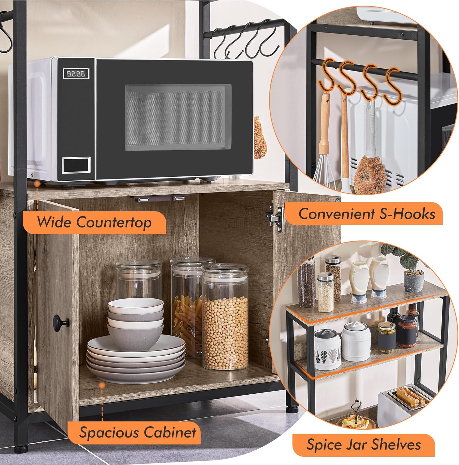 Yaheetech 4-Tier Bakers Rack with Cabinet,Coffee Bar Microwave Stand,Gray | Microwave Oven Stand Pantry Cabinet with S Hooks and Hutch,Freestanding Kitchen Shelves Spice Rack
