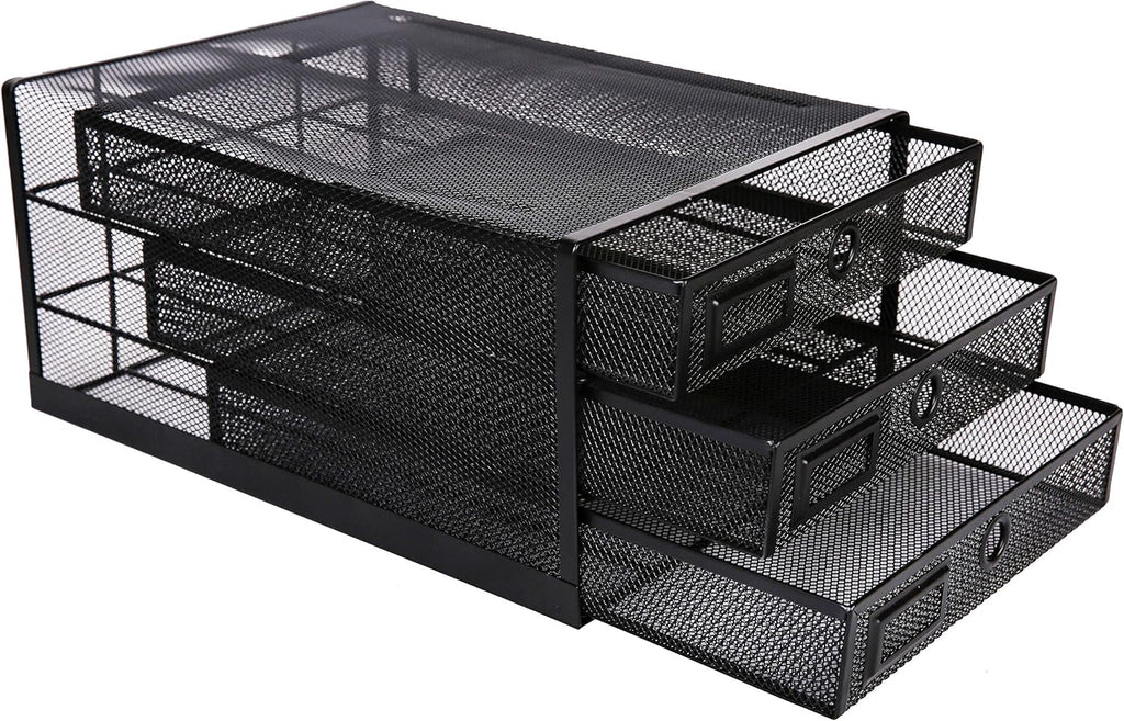 Annova Desk Organizer Wire Mesh 3 Tier Sliding Drawers Paper Sorter/Multifunctional/Premium Solid Construction for Letters, Documents, Mail, Files, Paper, Kids' Art Supplies (Black)