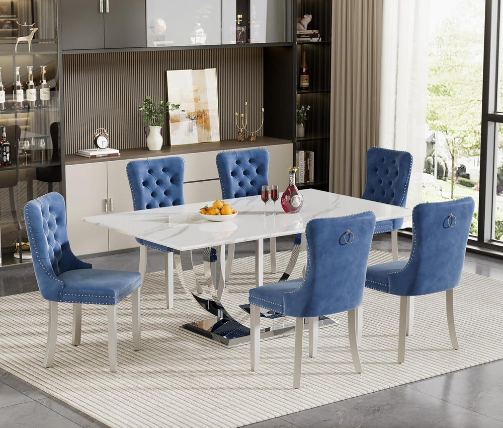 7 Piece Marble Dining Table Set for 6, 69.3" White Silver Kitchen Table ...