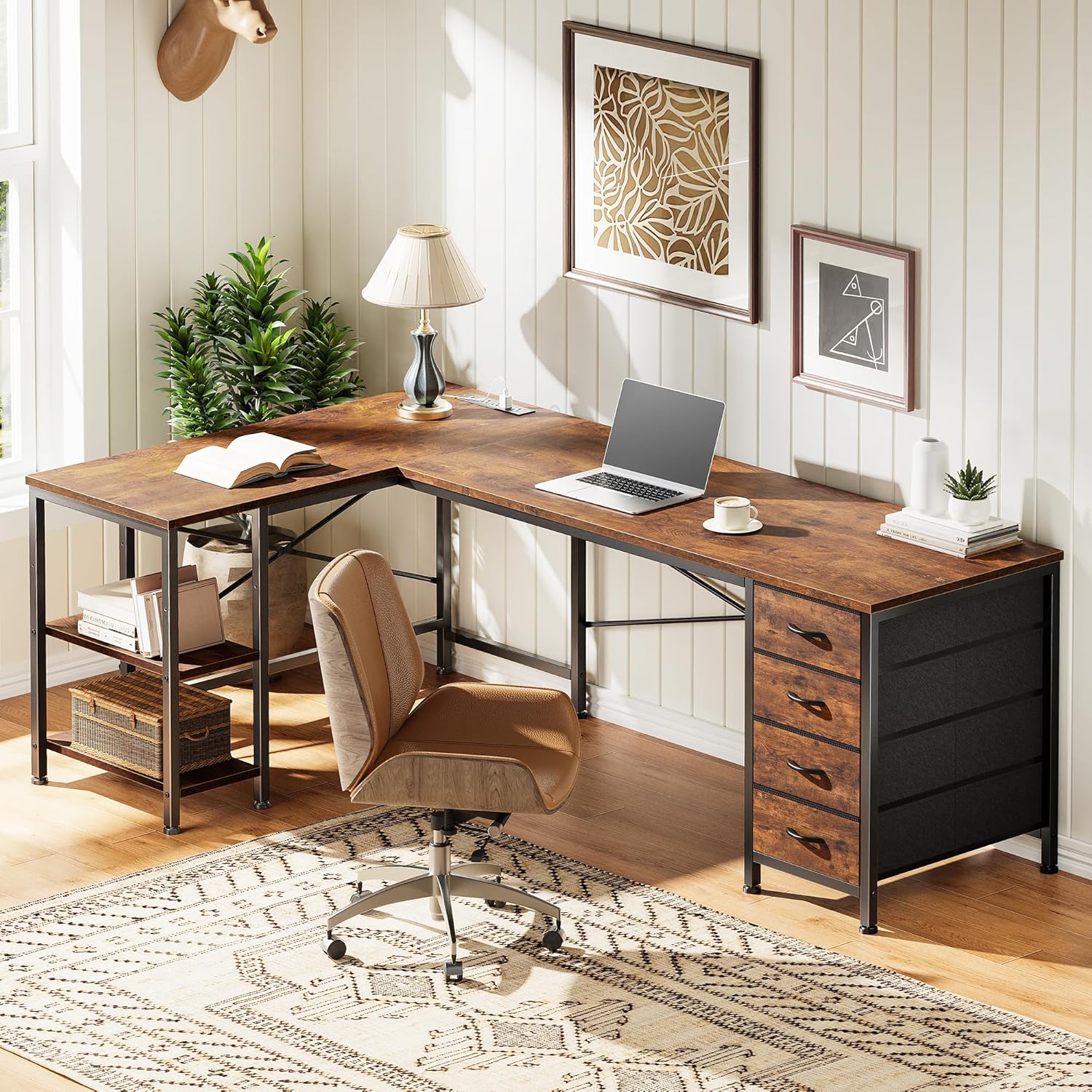 Huuger 55 Inch L Shaped Desk with Fabric Drawers, Reversible Computer Gaming Desk with Power Outlets and USB-C Port, Adjustable Side Storage Shelves, for Work Corner Home Office, Rustic Brown