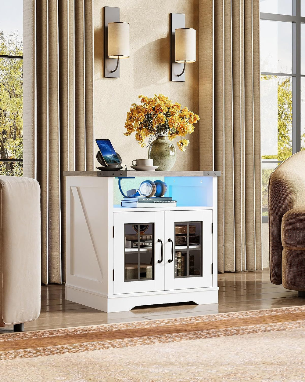 WLIVE Farmhouse End Table, 24" Side Table with Charging Station, LED Far...
