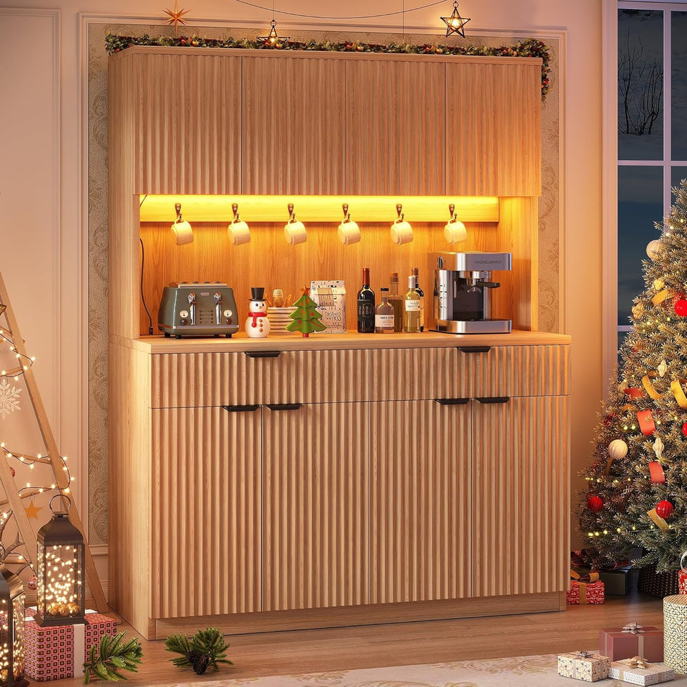 Jocoevol Fluted Kitchen Pantry Storage Cabinet with Charging Station/LED Ligh...