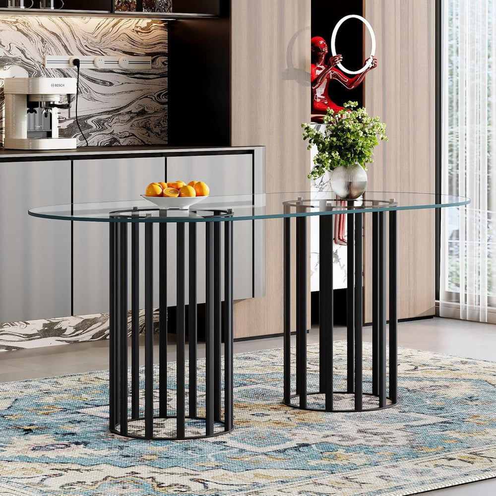 Oval Tempered Glass Dining Table for 4-8 People, 71'' Tall Kitchen Ta...