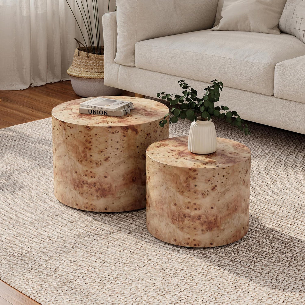 Round Burl Wood Nesting Coffee Table Set of 2, Farmhouse Side Tables | Set of...