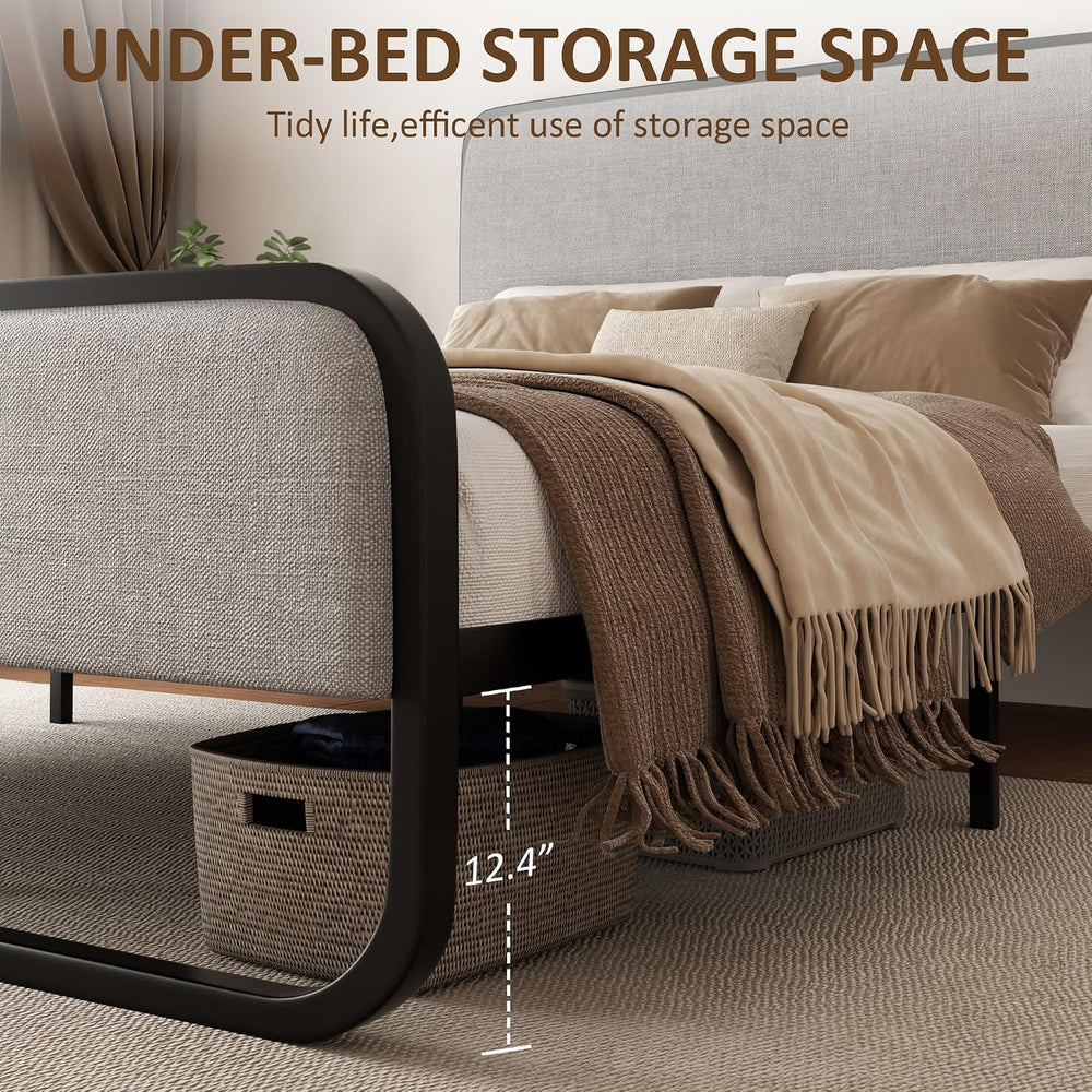 Sismplly Queen Size Upholstered Bed Frame with Curved Headboard and Footboard...
