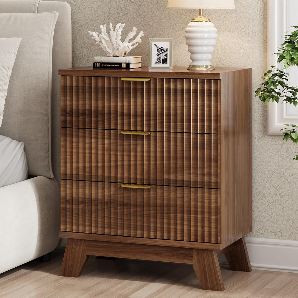 Xixini Fluted Nightstand, 24" Wide Side Table with 3 Large Storage Drawe...