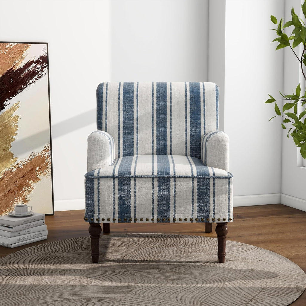 Accent Chair, Mid Century Modern Comfy Armchair for Living Room, Linen Fabric Single Sofa Lounge for Reading Bedroom Apartment Waiting Room with Wood Legs (Dark Blue Stripe, Set of 1)