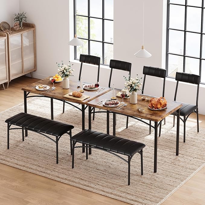 Garvee Dining Table Set for 4, Kitchen Table with Upholstered Bench and 2 Chairs, 4-Piece Wooden Dining Table Set for Apartment, Dining Room, Small Space, Brown