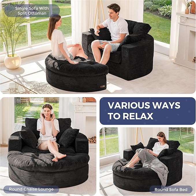 MAXYOYO L Shape Sectional Sofa Couch and Round Chaise Lounge, Modern Cloud Couch with Ottoman, Comfy Sofa with Layered Cushion, Tufted Upholstered Sleeper Chair for Living Room, No Assembly Required