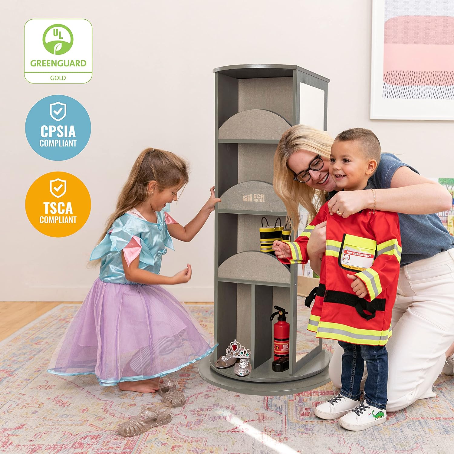 ECR4Kids Rotating Dress-Up Carousel Costume Organizer, Montessori Furniture, Grey Wash