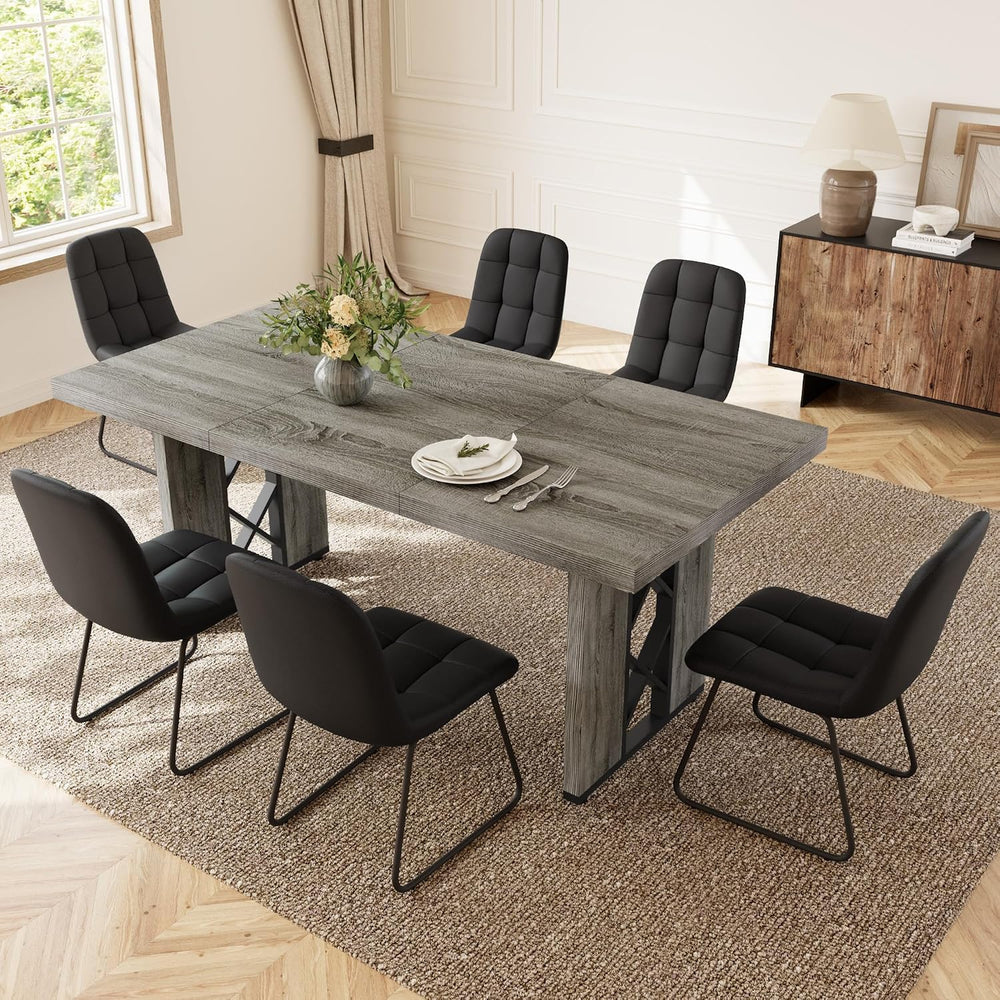HIPIHOM 7-Piece Dining Table Set for 6, Grey Table with 6 PU Black Chairs | T...